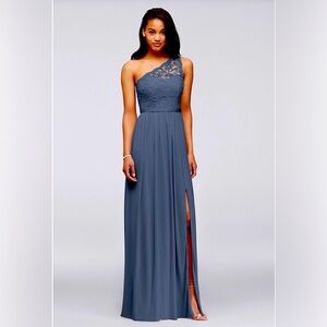 David's Bridal One-Shoulder Lace Bodice Slate Blue Maxi Dress